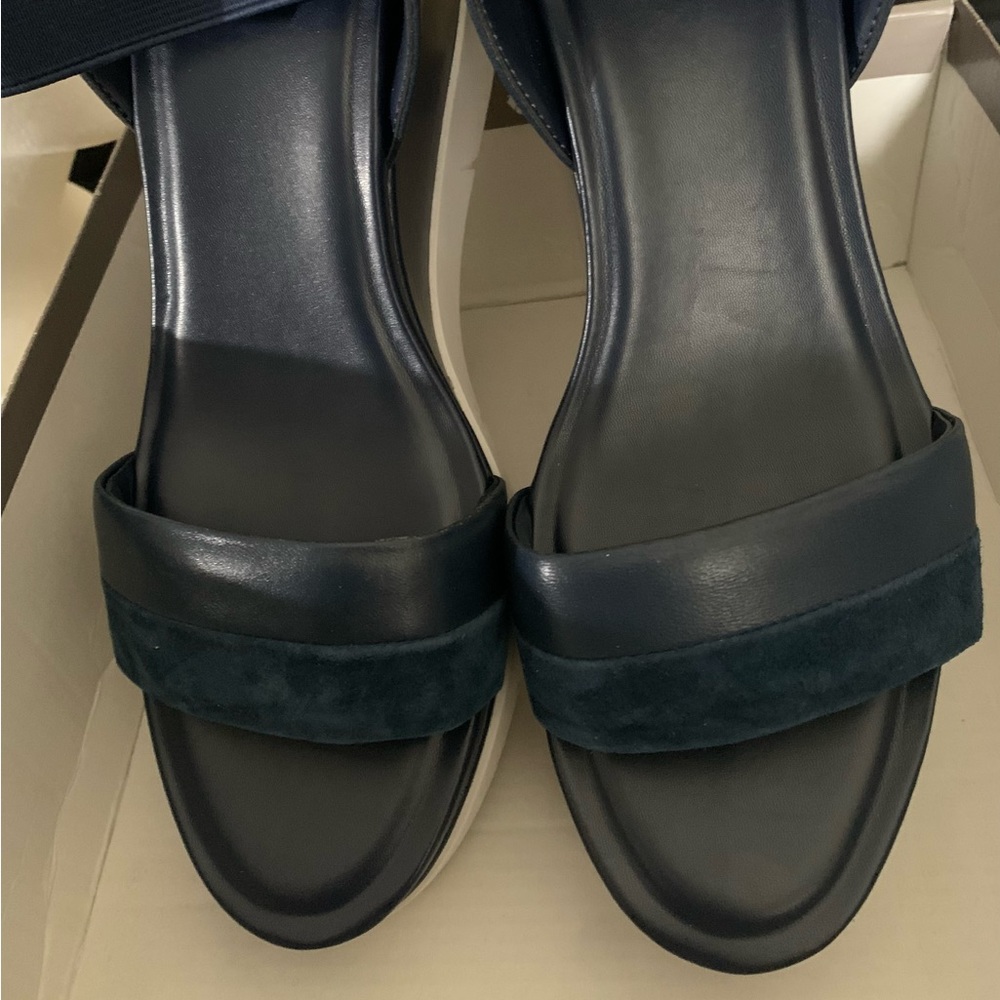 New Navy and White Franco Sarto Leather Platform Wedge Sandals